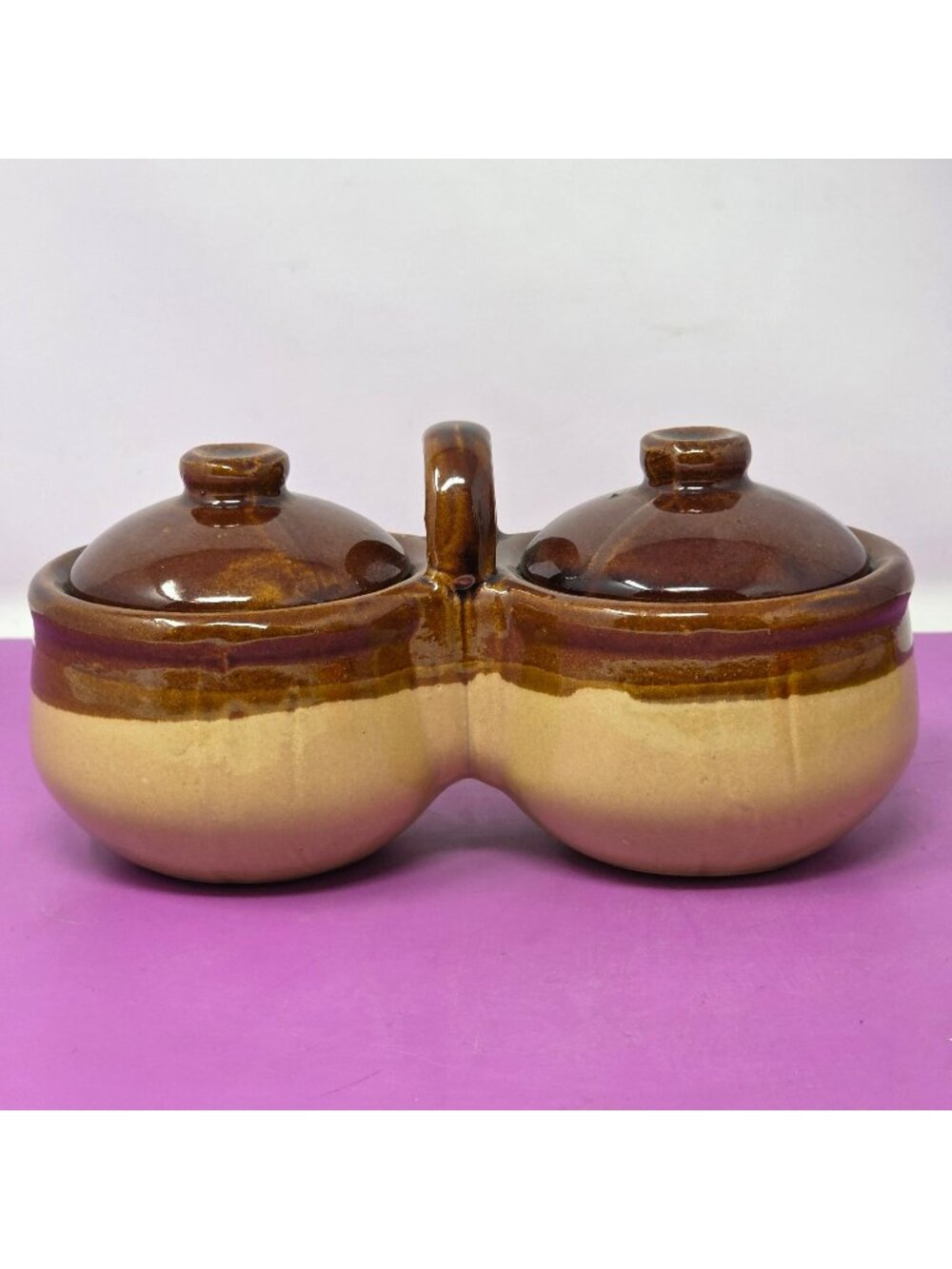 Vintage Brown Glazed Stoneware Double Condiment Jar Lids Handle Rustic Decor